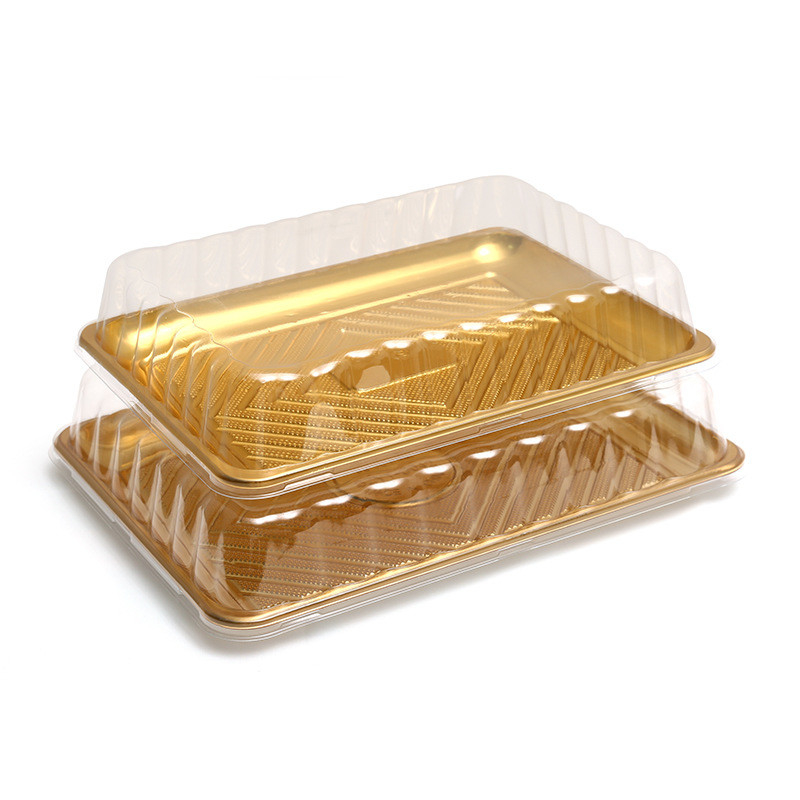 Voorraad Goudblad Grote capaciteit rechthoekig Wegwerp plastic sushi bak voor feest