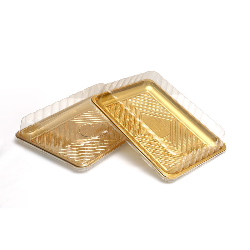 Voorraad Goudblad Grote capaciteit rechthoekig Wegwerp plastic sushi bak voor feest
