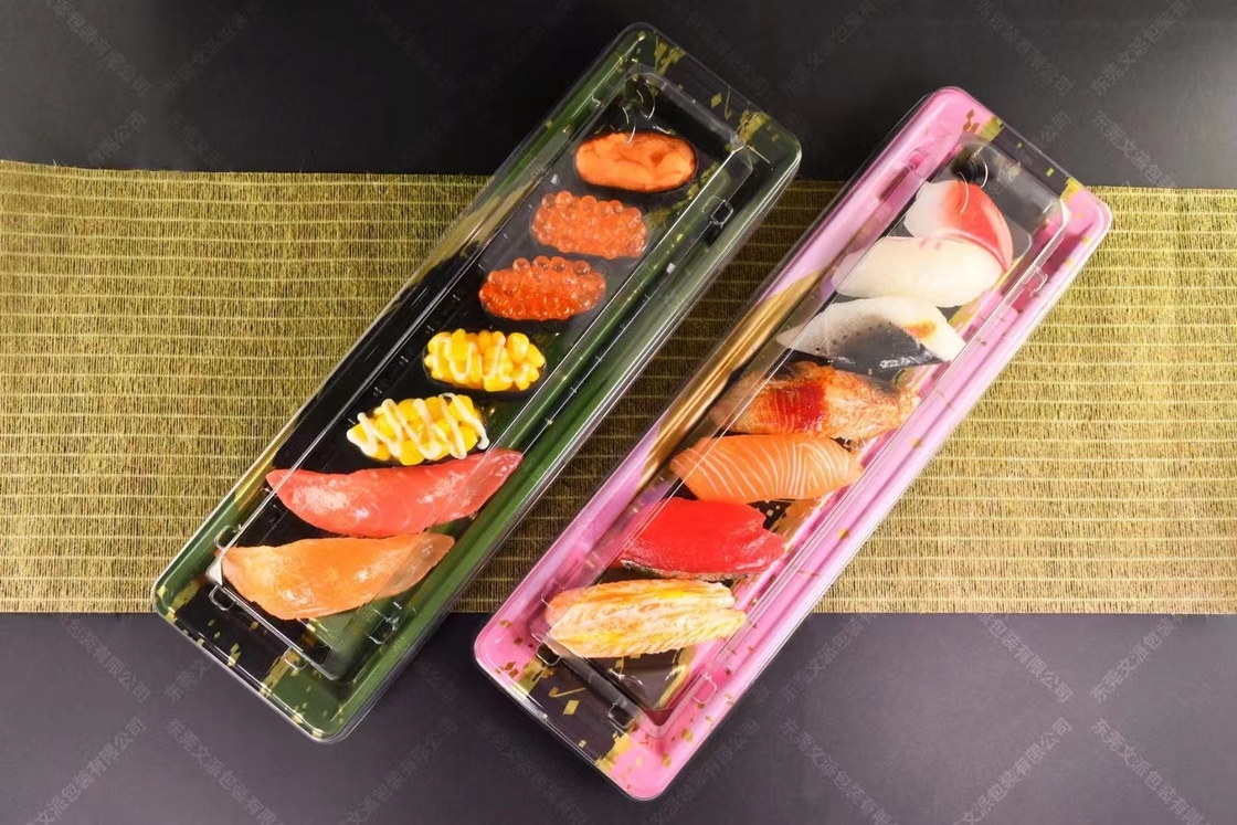 Verpakking warmverkoop op maat wegwerp plastic PP/PET/OPS populair ontwerp super grote grootte takeaway sushi bak feest。